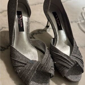 Nina Metallic Silver Peep-Toe Knot Heels